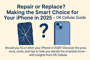 A 2D digital graphic comparing a broken iPhone and a new one with the headline “Repair or Replace? Making the Smart Choice for Your iPhone in 2025 – OK Cellular Guide”